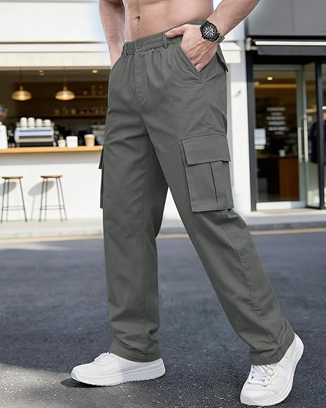 +Men’s Straight Leg Multi-Pocket Elastic Drawstring Waterproof Cargo Pants