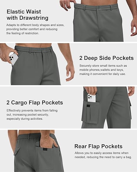 +Men’s Straight Leg Multi-Pocket Elastic Drawstring Waterproof Cargo Pants