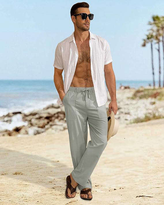 Men’s Elastic Drawstring Straight Leg Cotton Linen Casual Pants