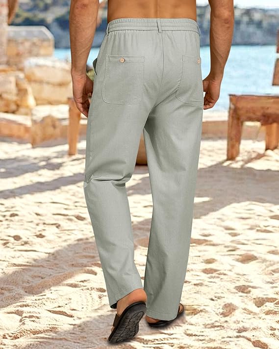 Men’s Elastic Drawstring Straight Leg Cotton Linen Casual Pants